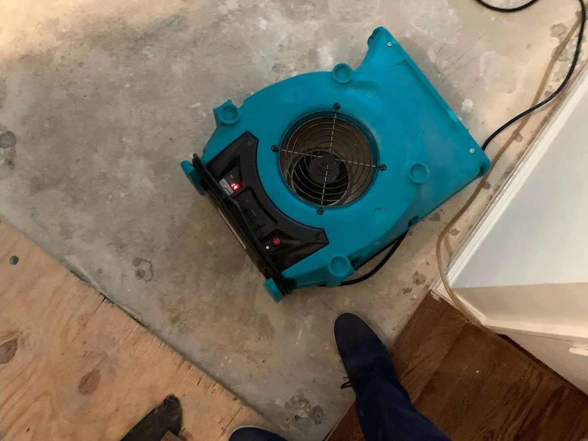 Air mover drying subfloor during Leak Detection & Repair in Temple